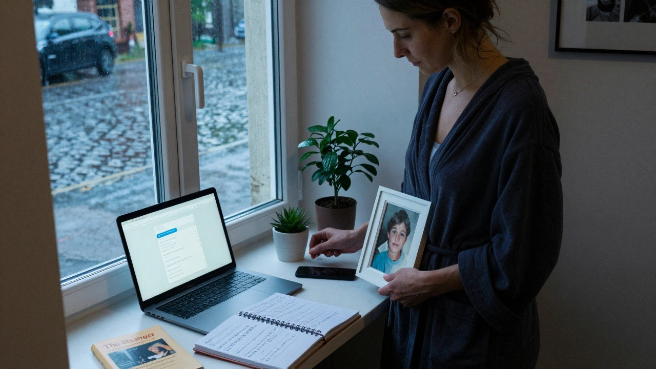 A woman in a robe holding a photo, surrounded by notes and books in her apartment.