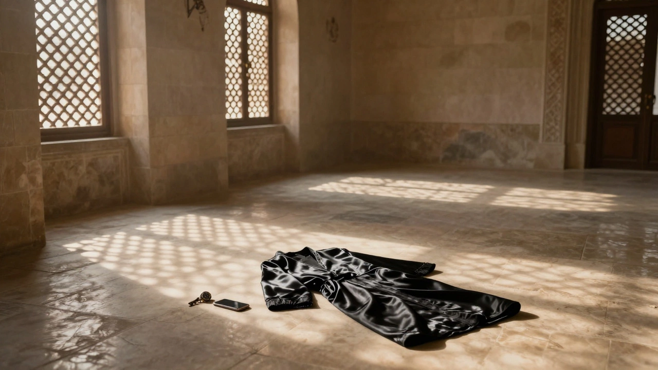 An empty Aladinharem at dawn, a folded black robe and abandoned phone on the floor, morning light casting geometric shadows across the stone.