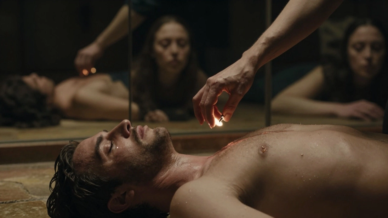 Raven&#039;s hands hover above a man&#039;s back as he lies vulnerable on warm stone, tears on his face, mirrored walls reflecting his raw emotion.