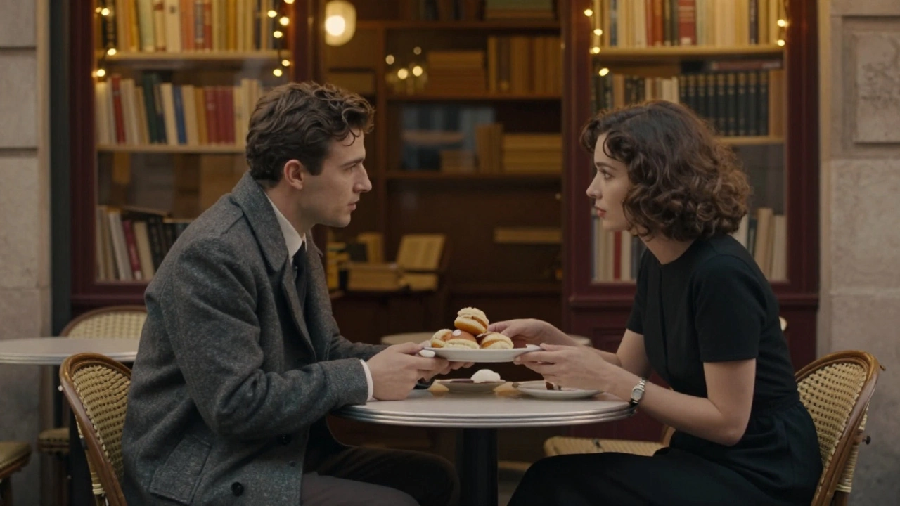 Two people having a quiet conversation at a cozy Paris café at dusk.